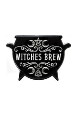 Decorative black cauldron coaster with 'Witches Brew' text on a white background