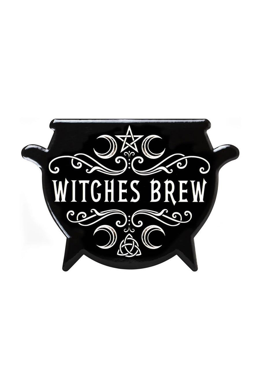 Decorative black cauldron coaster with 'Witches Brew' text on a white background