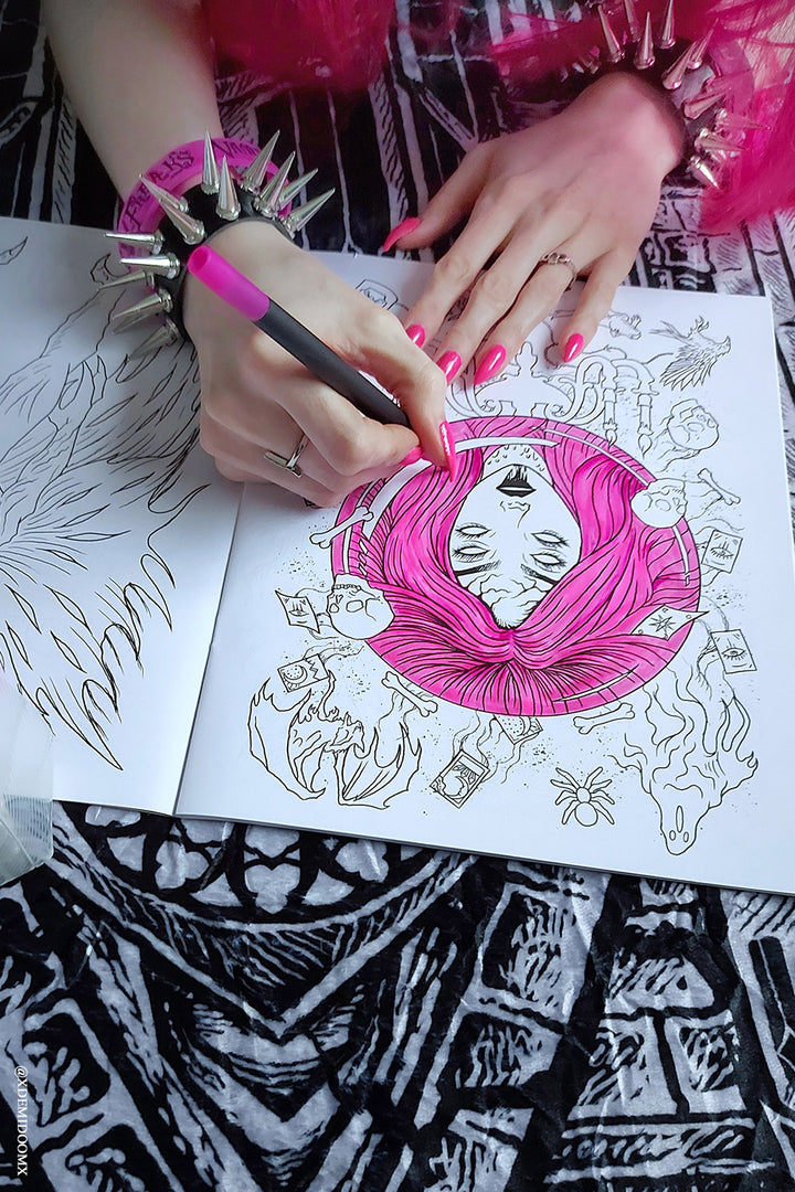 goth girl drawing in creepy coloring book