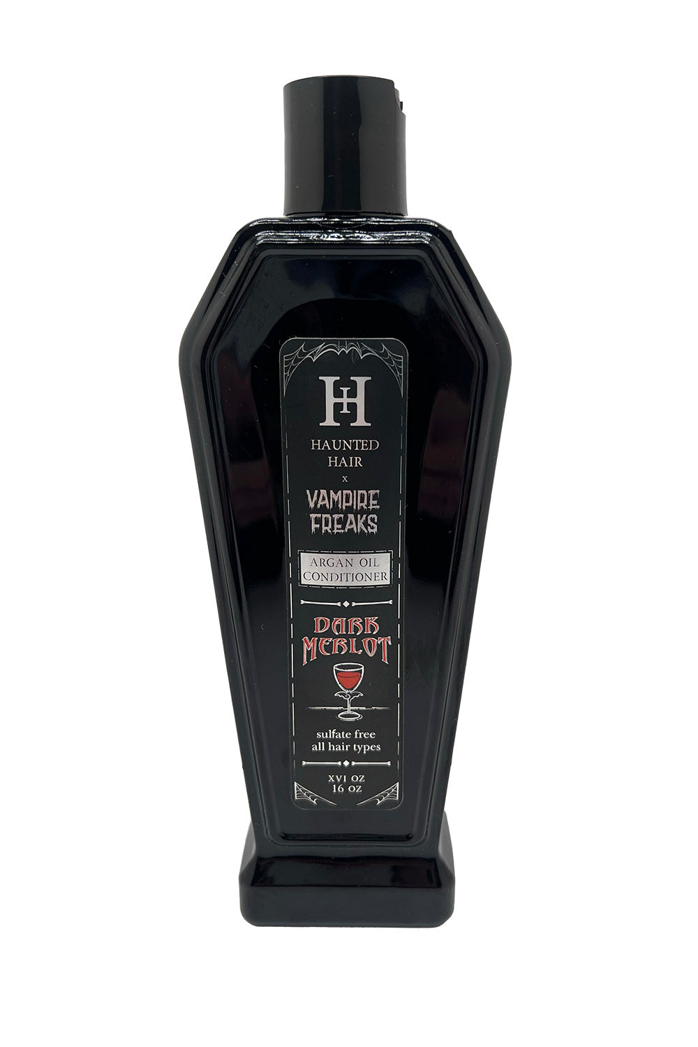 gothic wine scented conditioner in a black coffin bottle