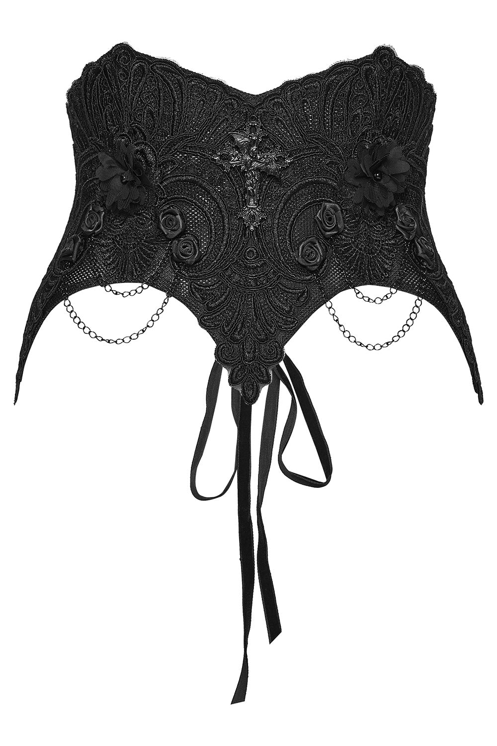 embroidered black lace corset with gothic cross charm 