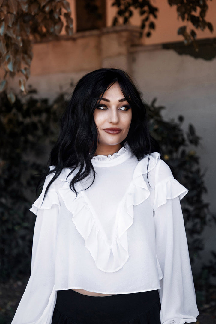 womens ruffled shoulder long sleeve white top 