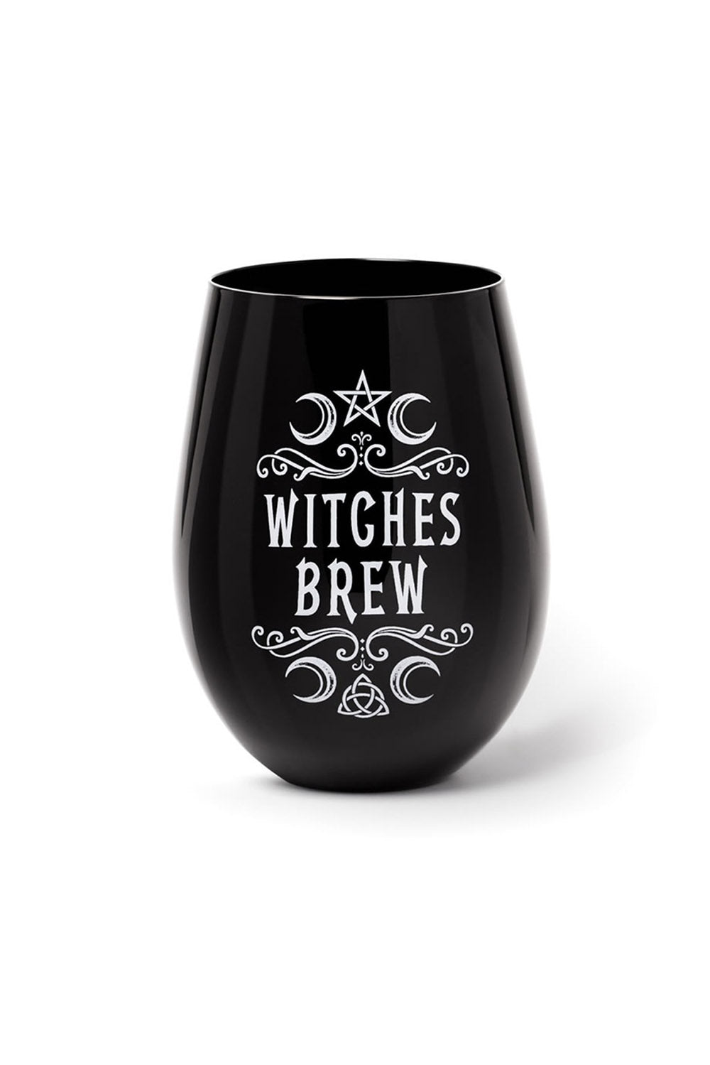 Black stemless wine glass with 'Witches Brew' text and symbols on a white background
