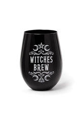 Black stemless wine glass with 'Witches Brew' text and symbols on a white background