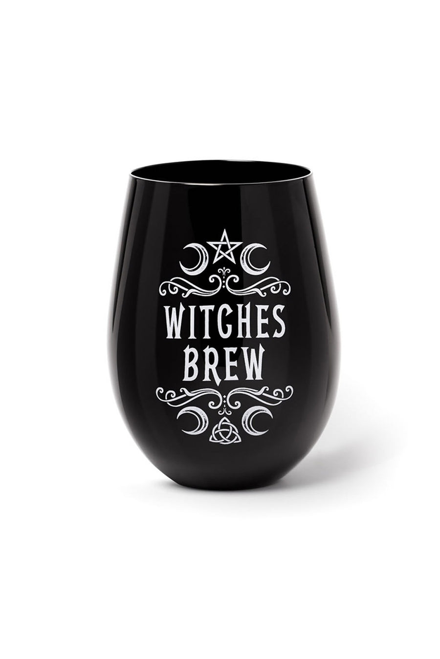 Black stemless wine glass with 'Witches Brew' text and symbols on a white background
