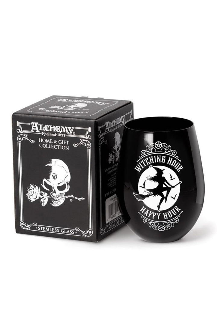 black and white stemless halloween witch wine glass