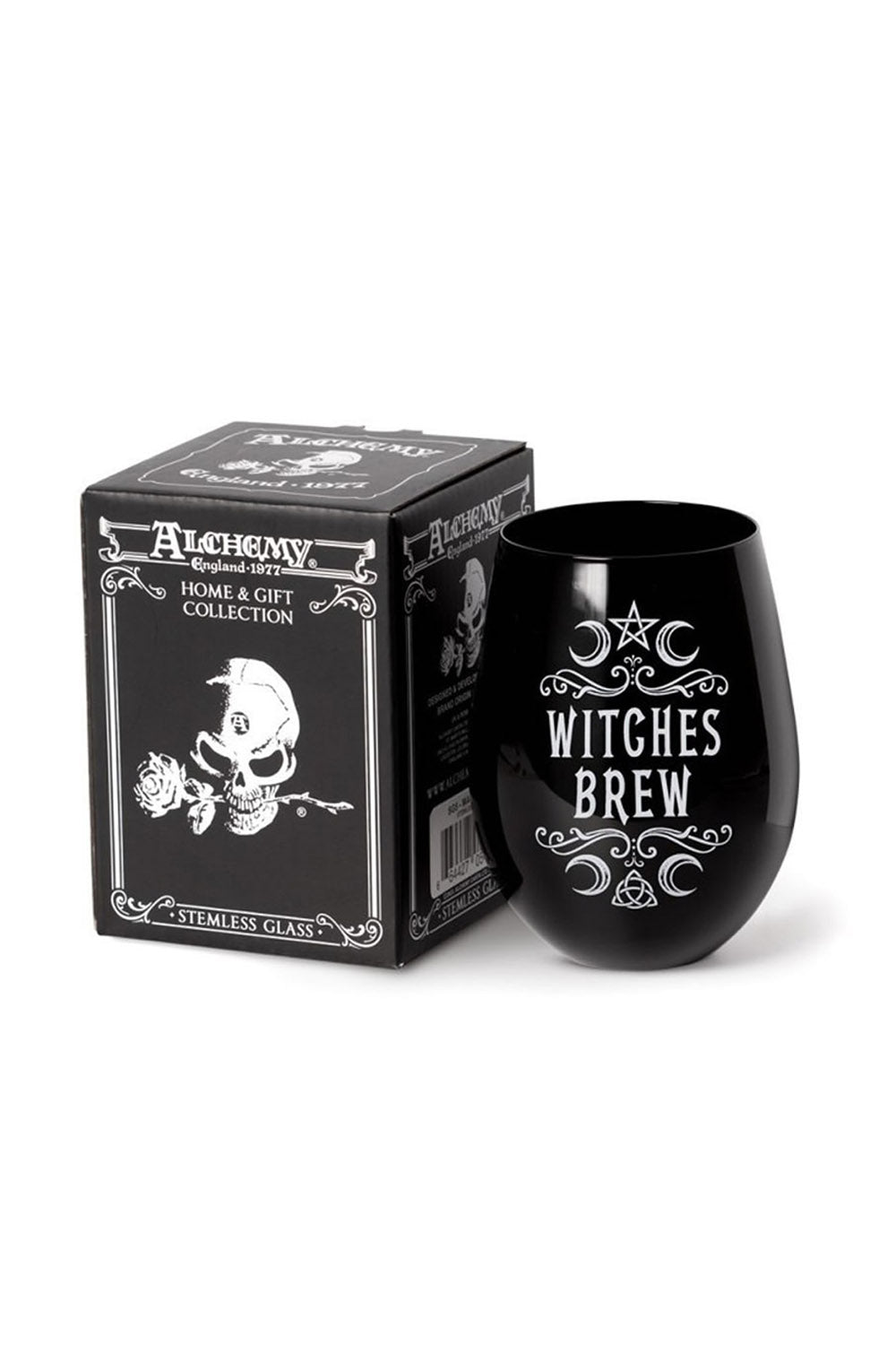 Black stemless wine glass with 'Witches Brew' text next to its packaging on a white background