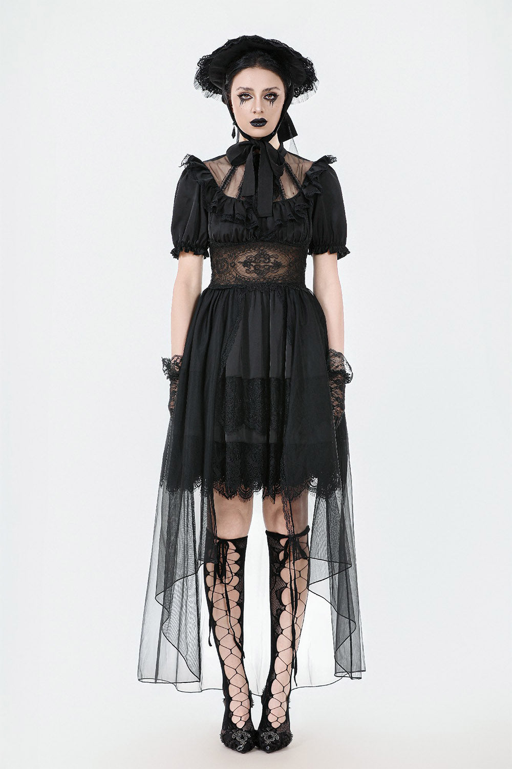 wednesday addams inspired mesh and lace puff sleeve lace-up dress