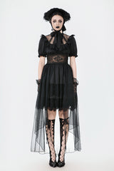 wednesday addams inspired mesh and lace puff sleeve lace-up dress