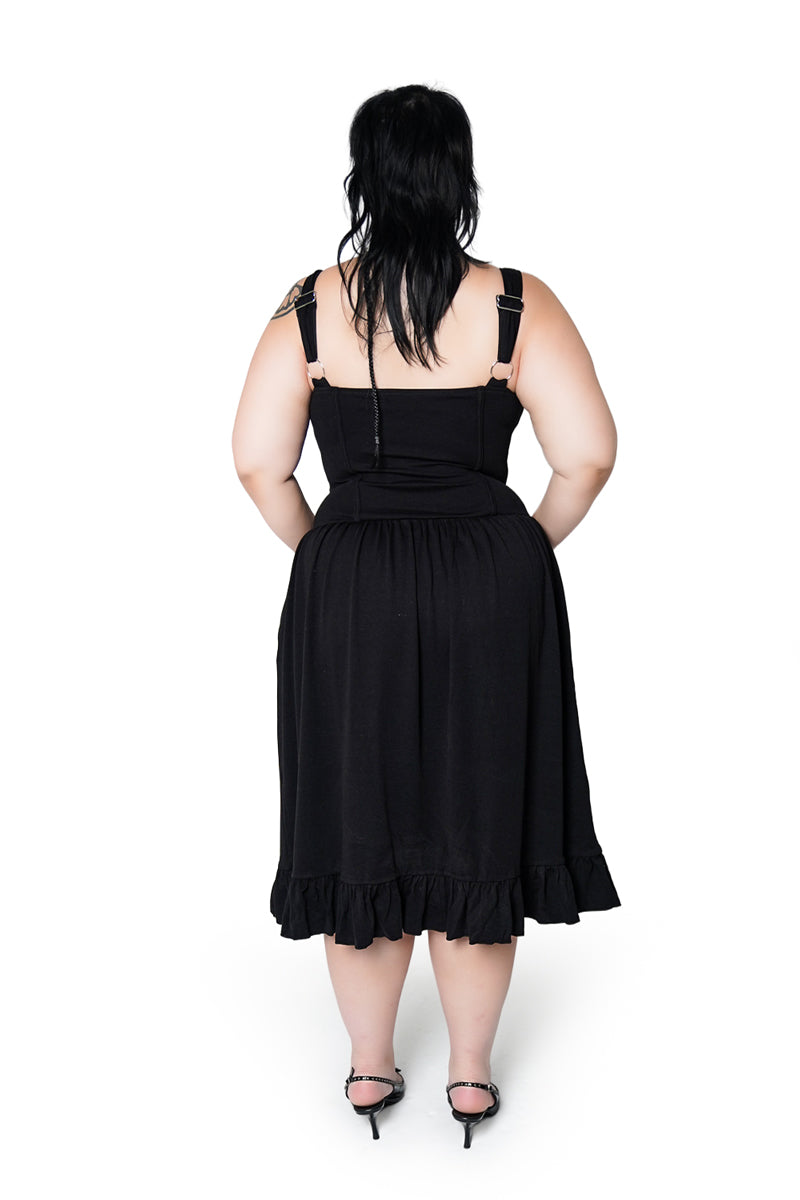 womens plus size black romantic deep v-neck lace-up dress with pockets by forest ink