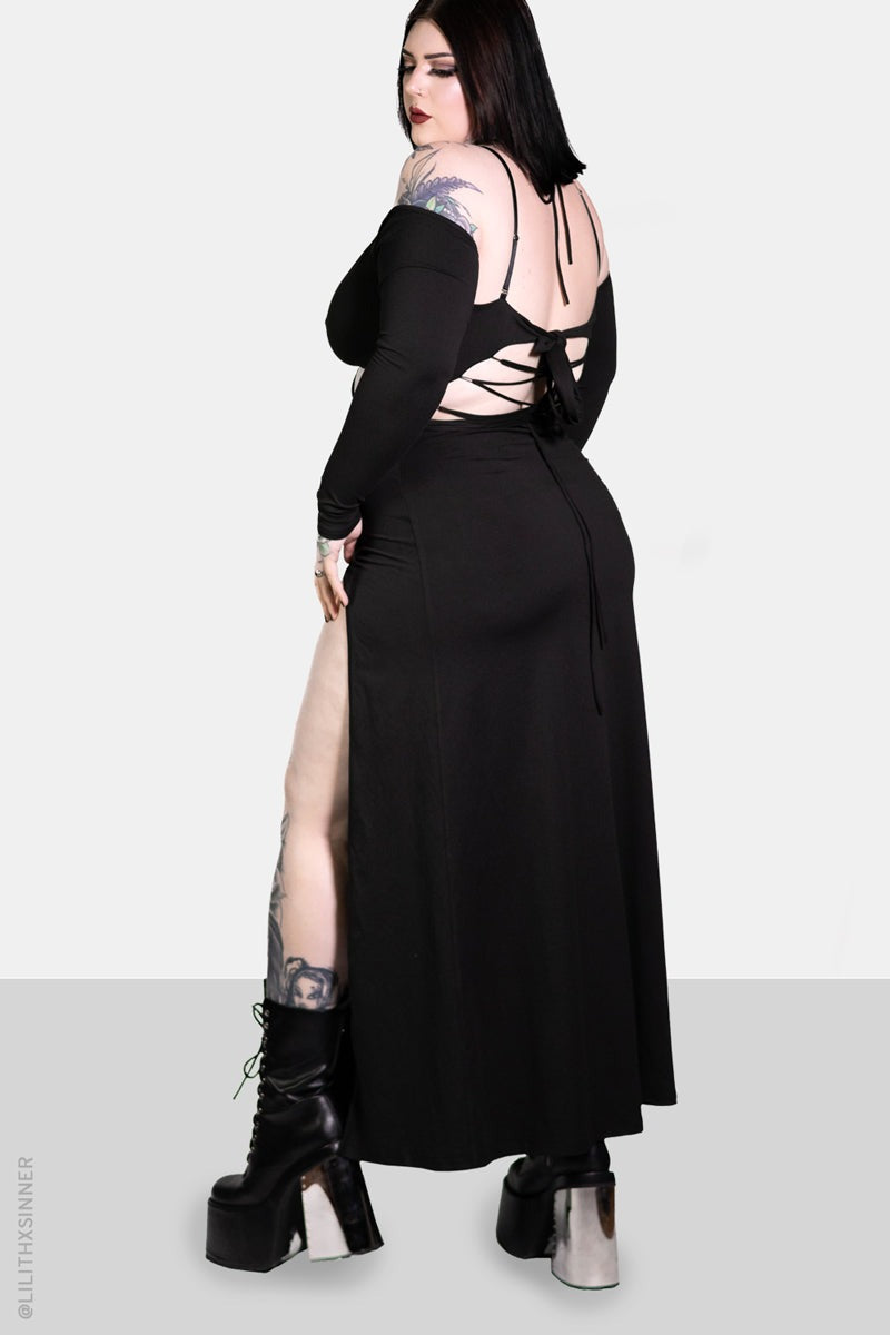 gothic black long leg slit dress