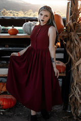 high neck button-up red sleeveless dress with pockets by lively ghosts 