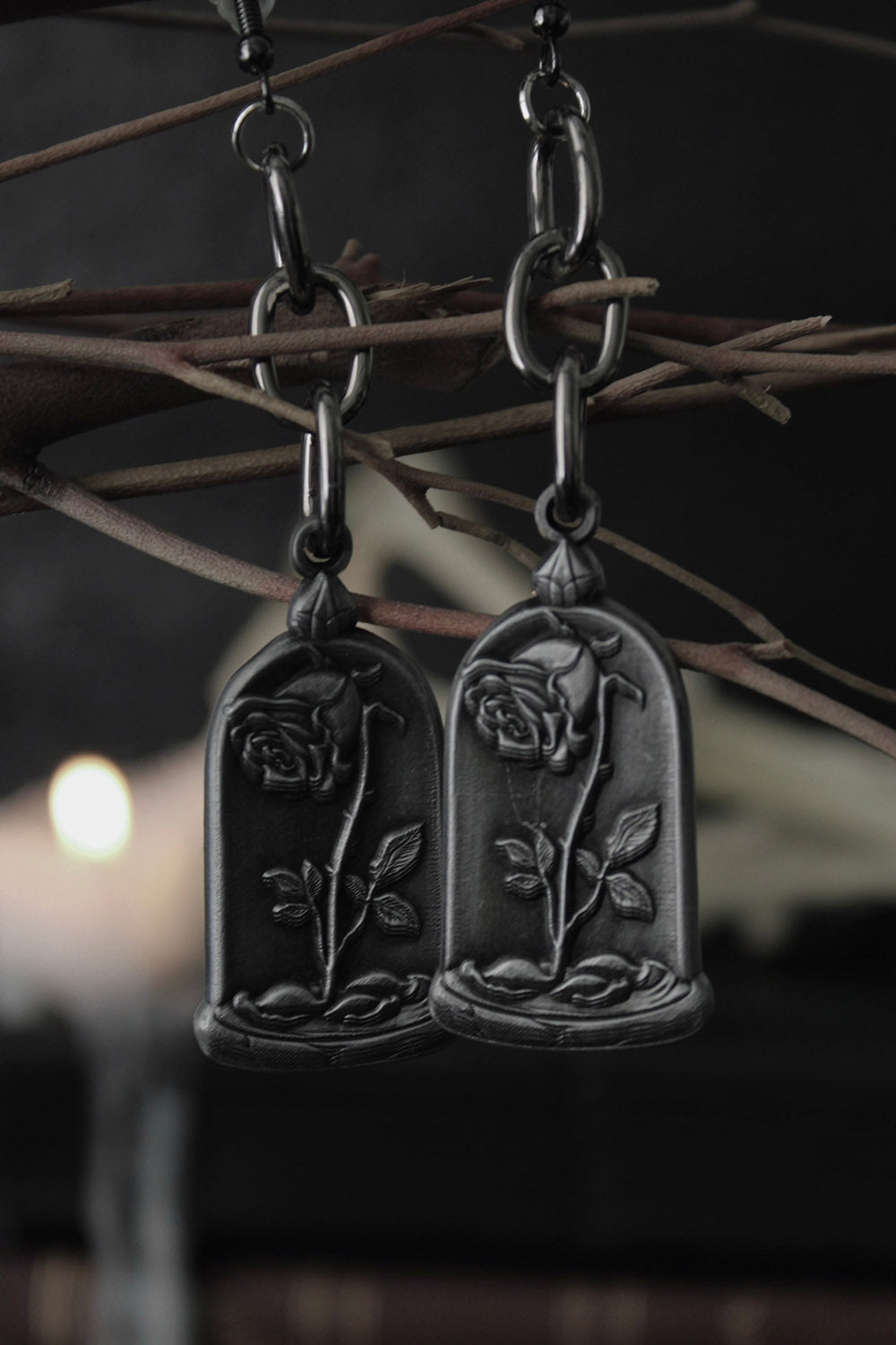 dark metal and sterling silver beauty and the beast earrings