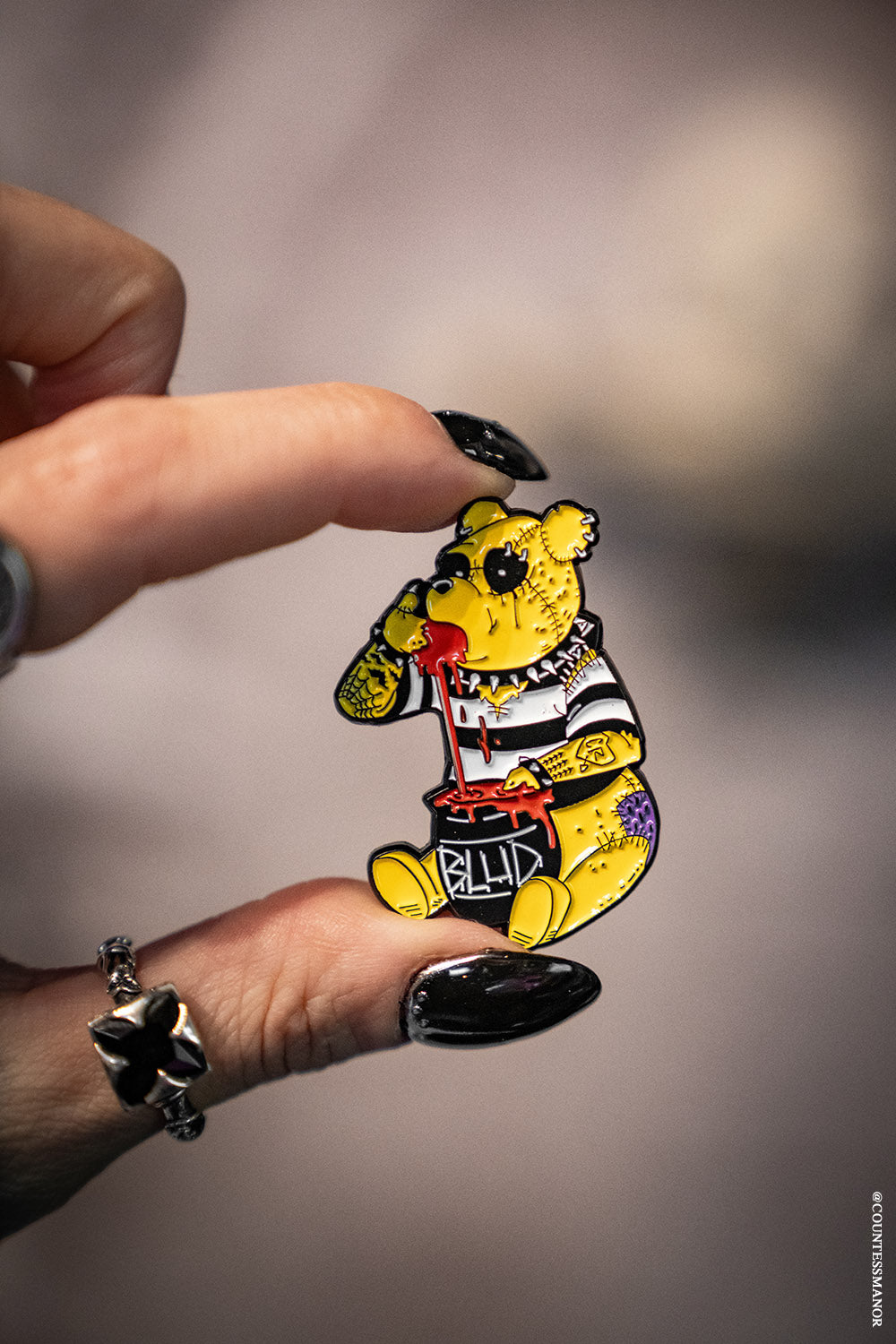 stitched emo teddy bear enamel pin by vampirefreaks
