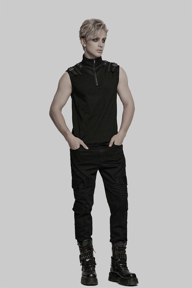 mens studded buckled tank top with netting 