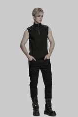 mens studded buckled tank top with netting 