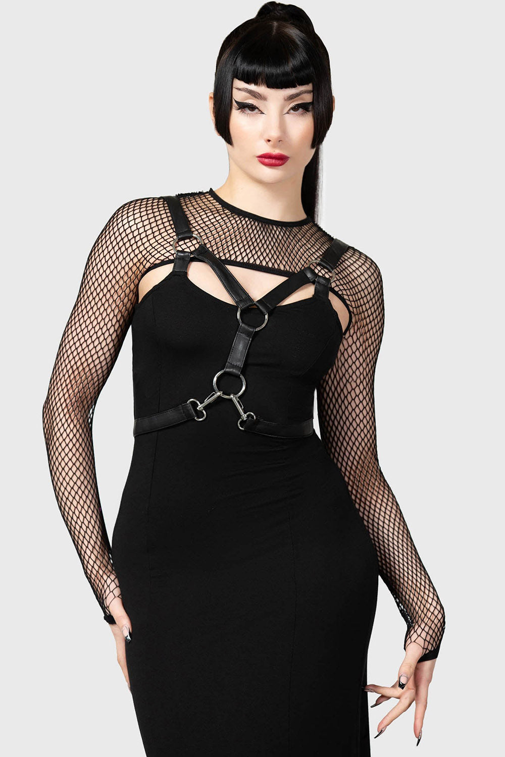 black punk long sleeve fishnet shrug top with thumbhole cutouts 