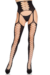 Black fishnet stockings with lace-up design on a white background