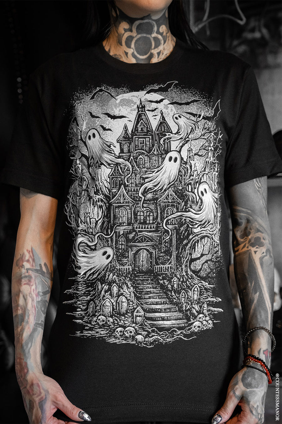 spooky ghost graveyard graphic blACk cotton shirt 
