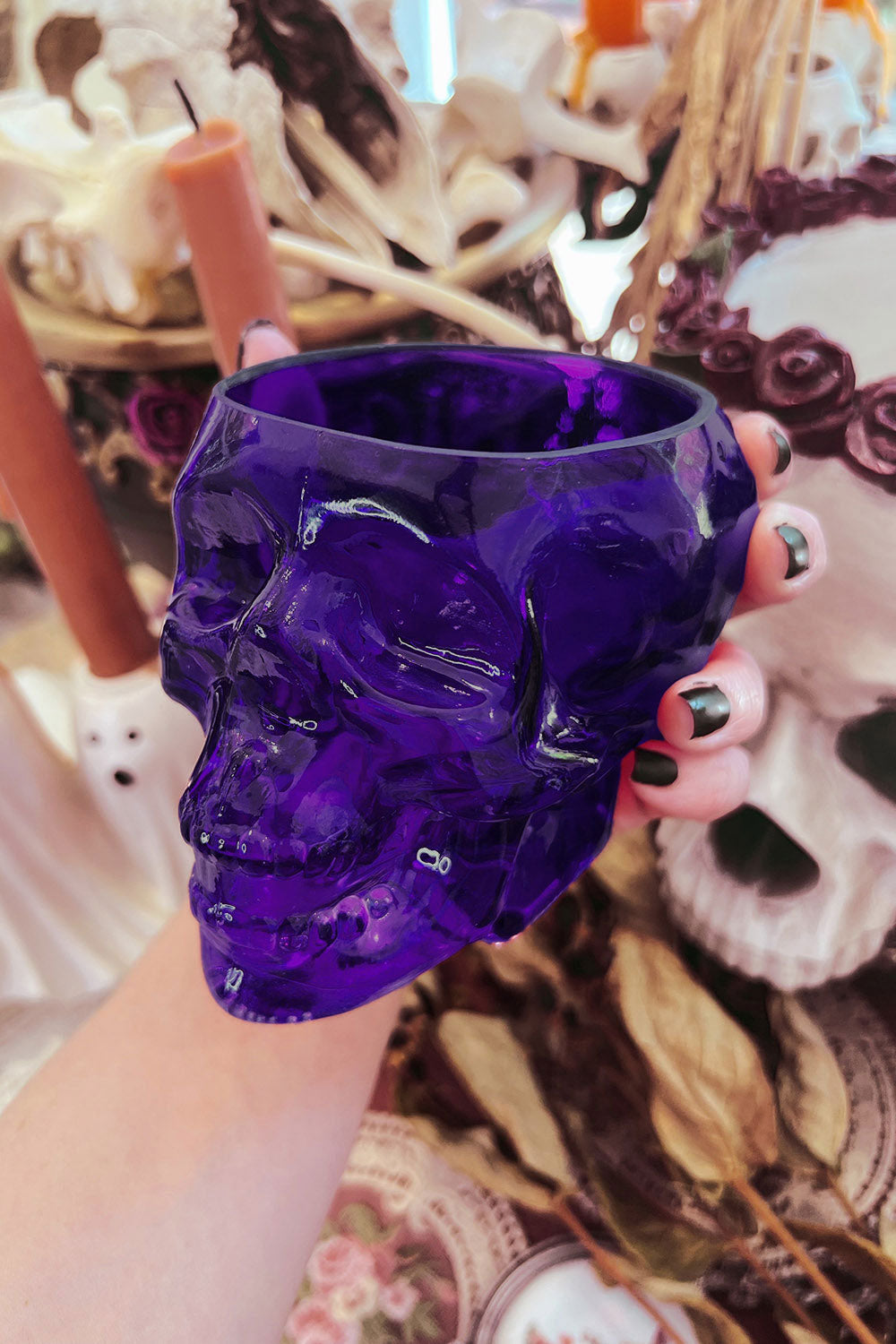 purple glass skull mug