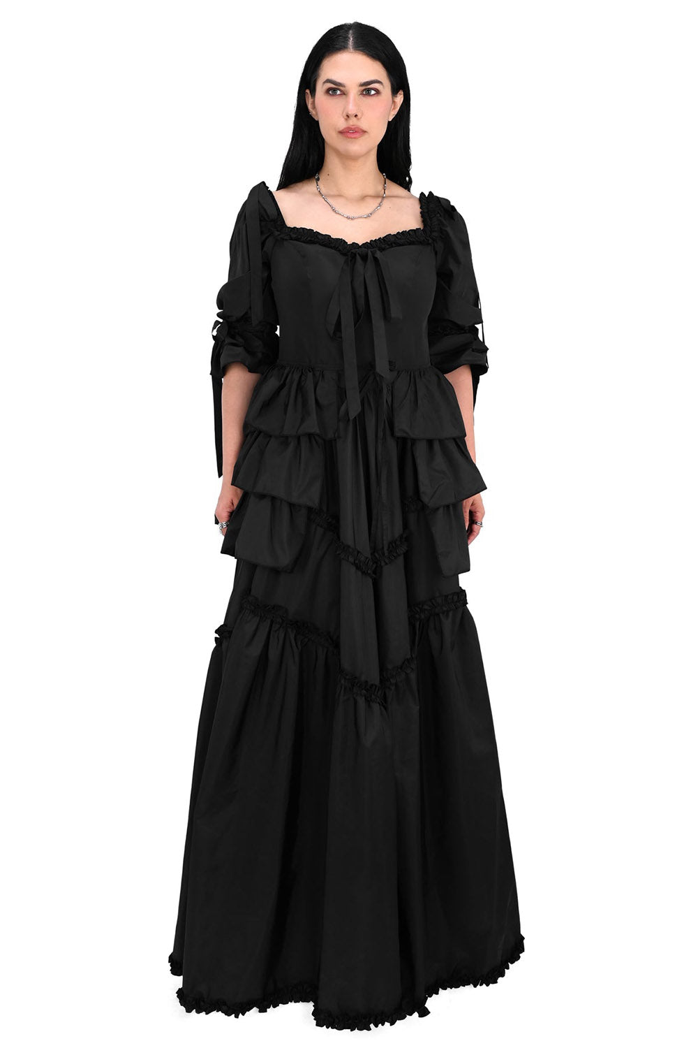 womens black layered long romantic goth gown with bustle