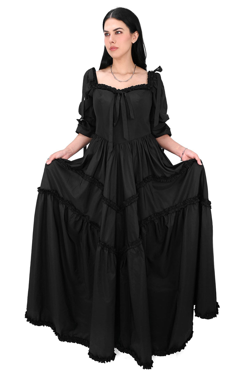 layered long romantic goth gown with bustle