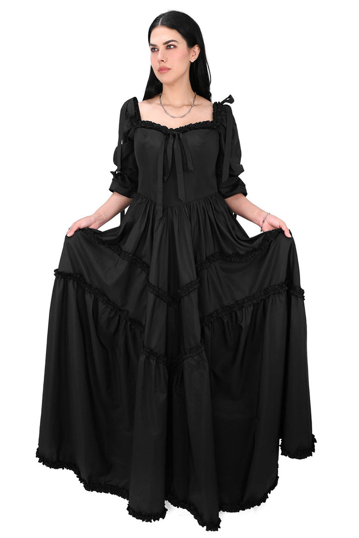 layered long romantic goth gown with bustle