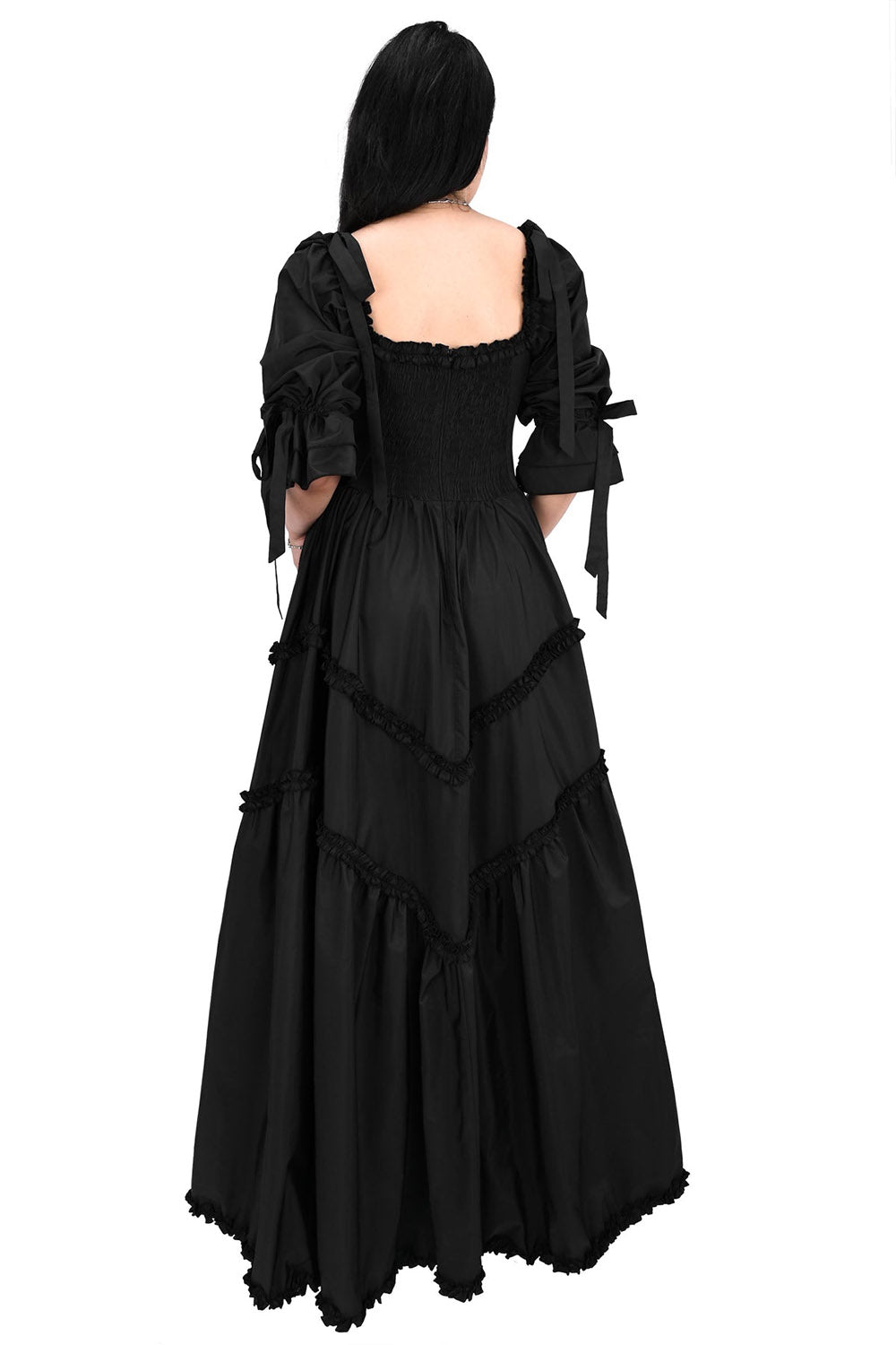 layered long romantic goth gown with bustle and bows