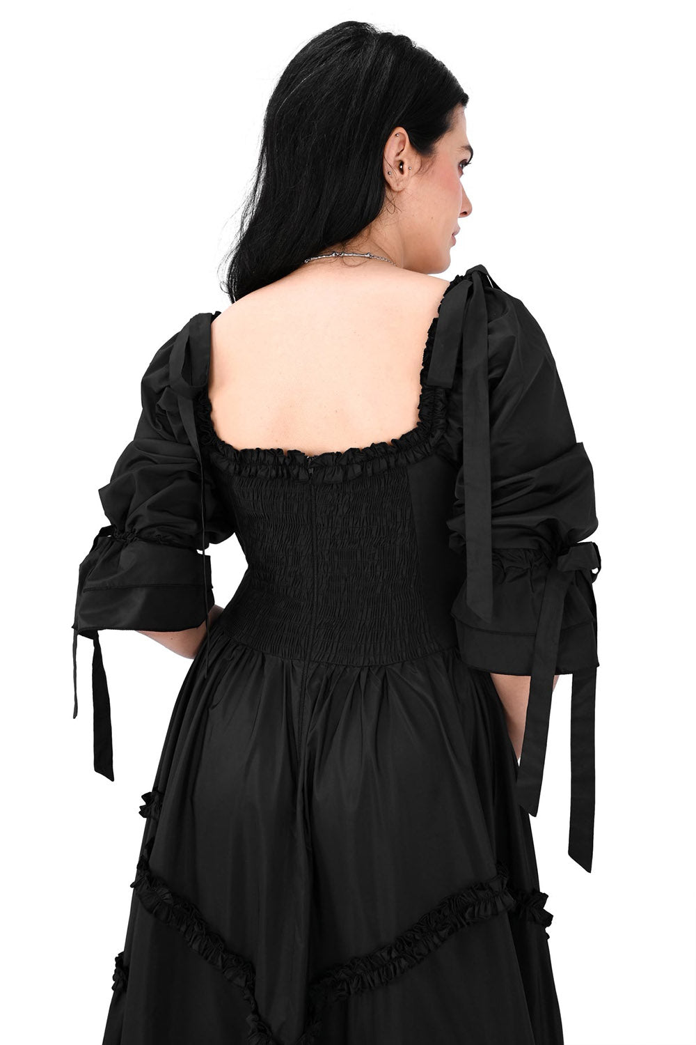 square neckline layered long romantic goth gown with bustle