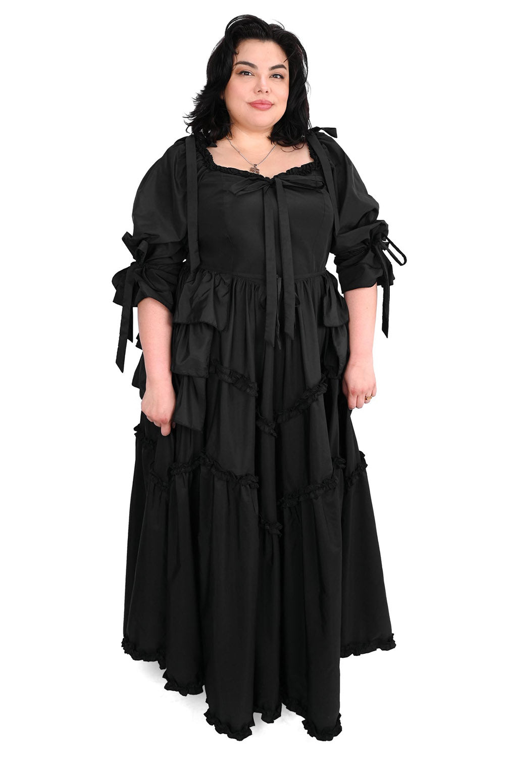 layered long romantic goth gown with bustle and pockets