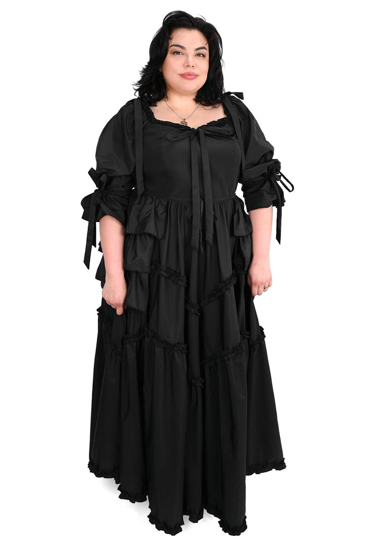 layered long romantic goth gown with bustle and pockets