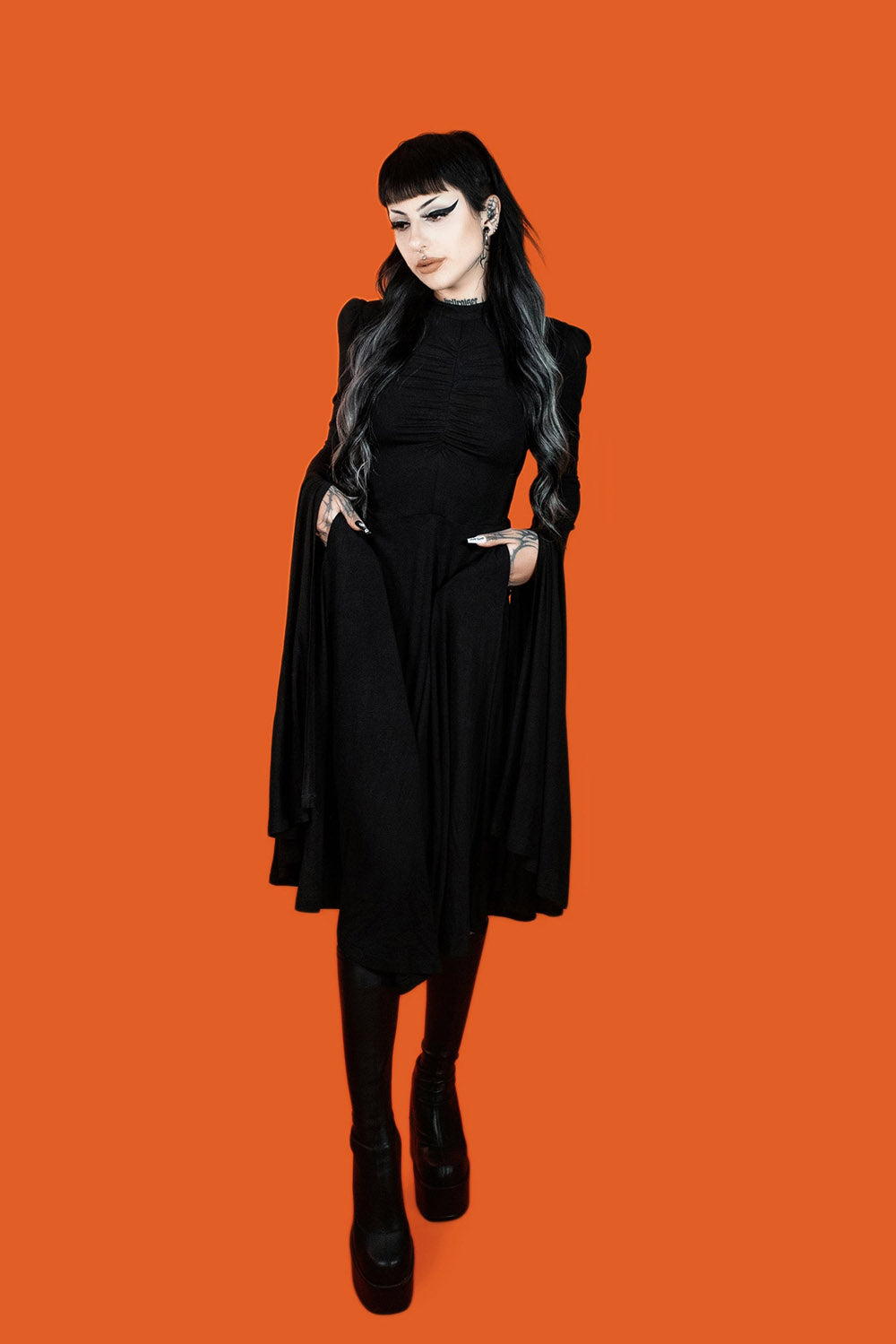 puffed shoulder long witchy dress