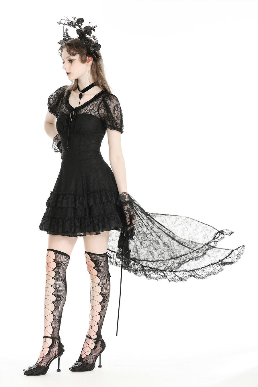 Black Porcelain Babydoll Dress with Train