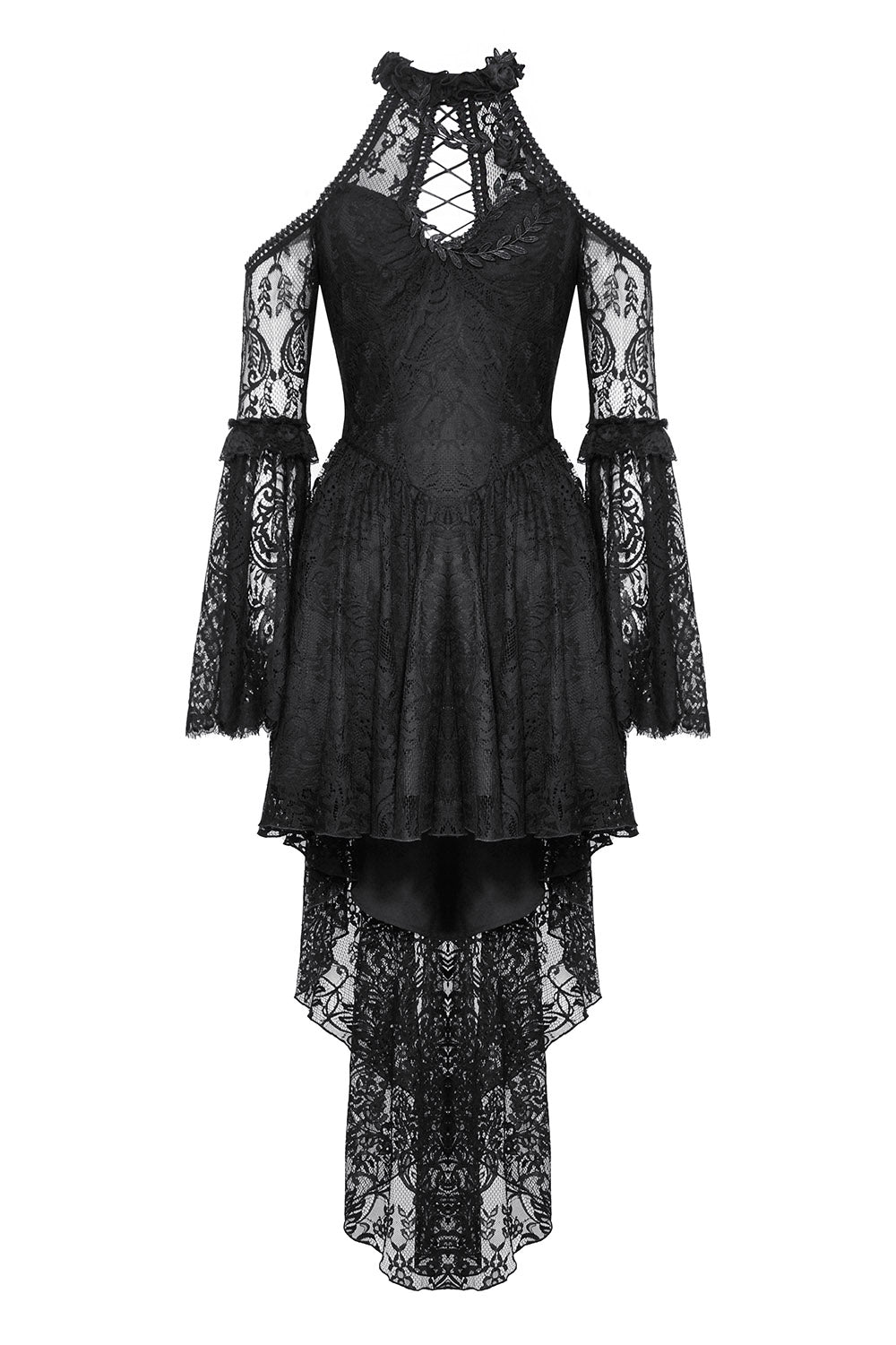 embroidered ruffled black lace halter neck dress