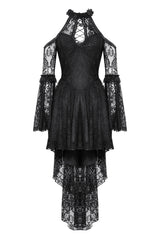embroidered ruffled black lace halter neck dress