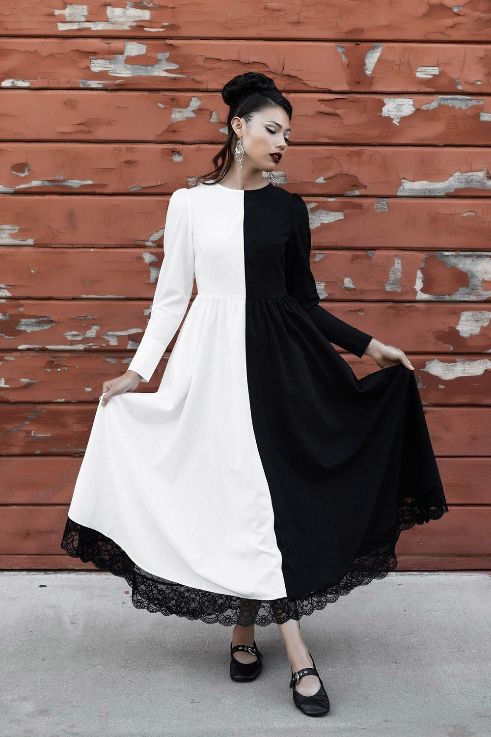 puff sleeve half black and white split dress