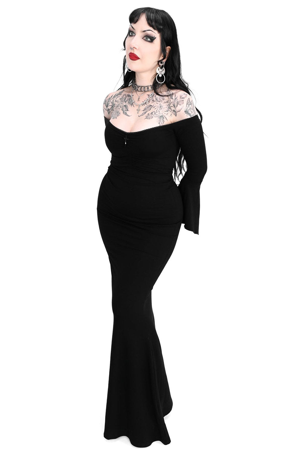 long maxi gothic off-the-shoulder dress with built-in bra