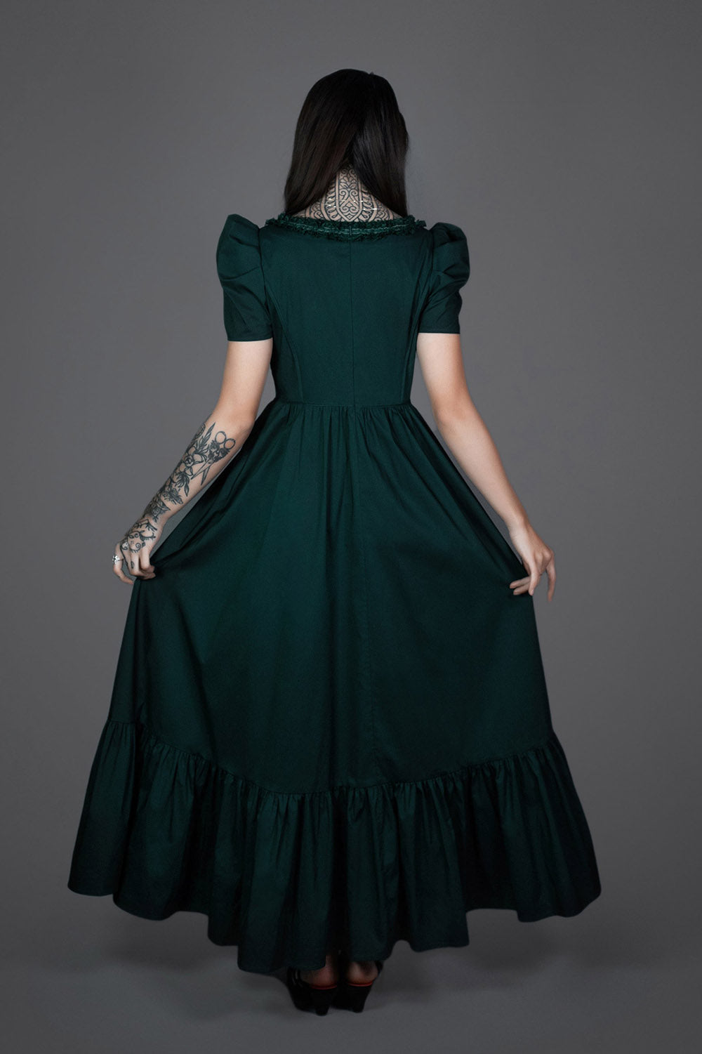 gothic long emerald green peasant dark cottagecore dress