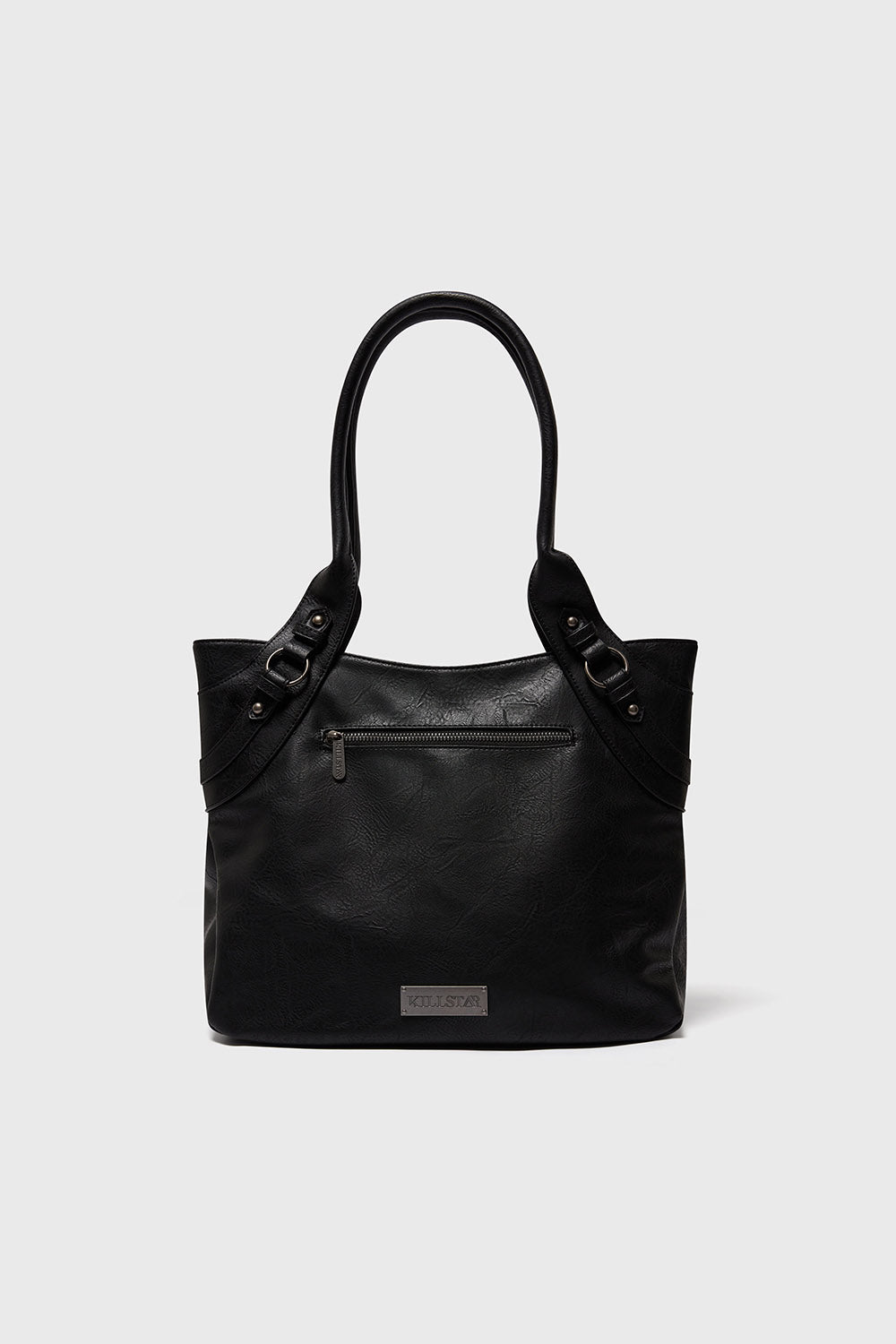 black handbag with embroidered gothic church design 