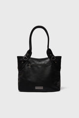 black handbag with embroidered gothic church design 