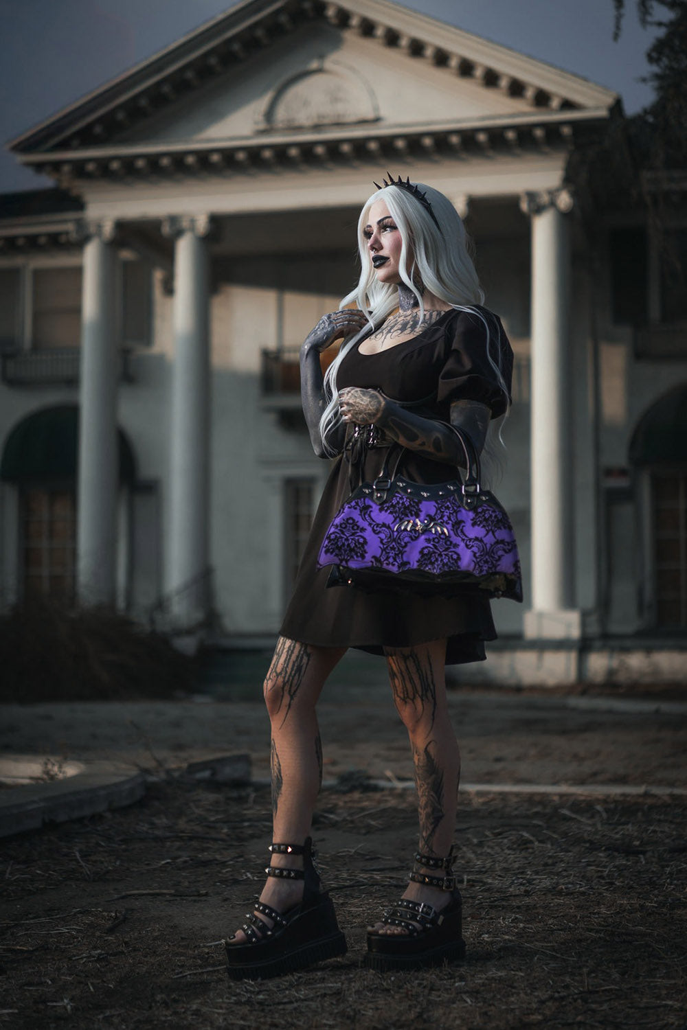 black and purple damask bat shaped handbag