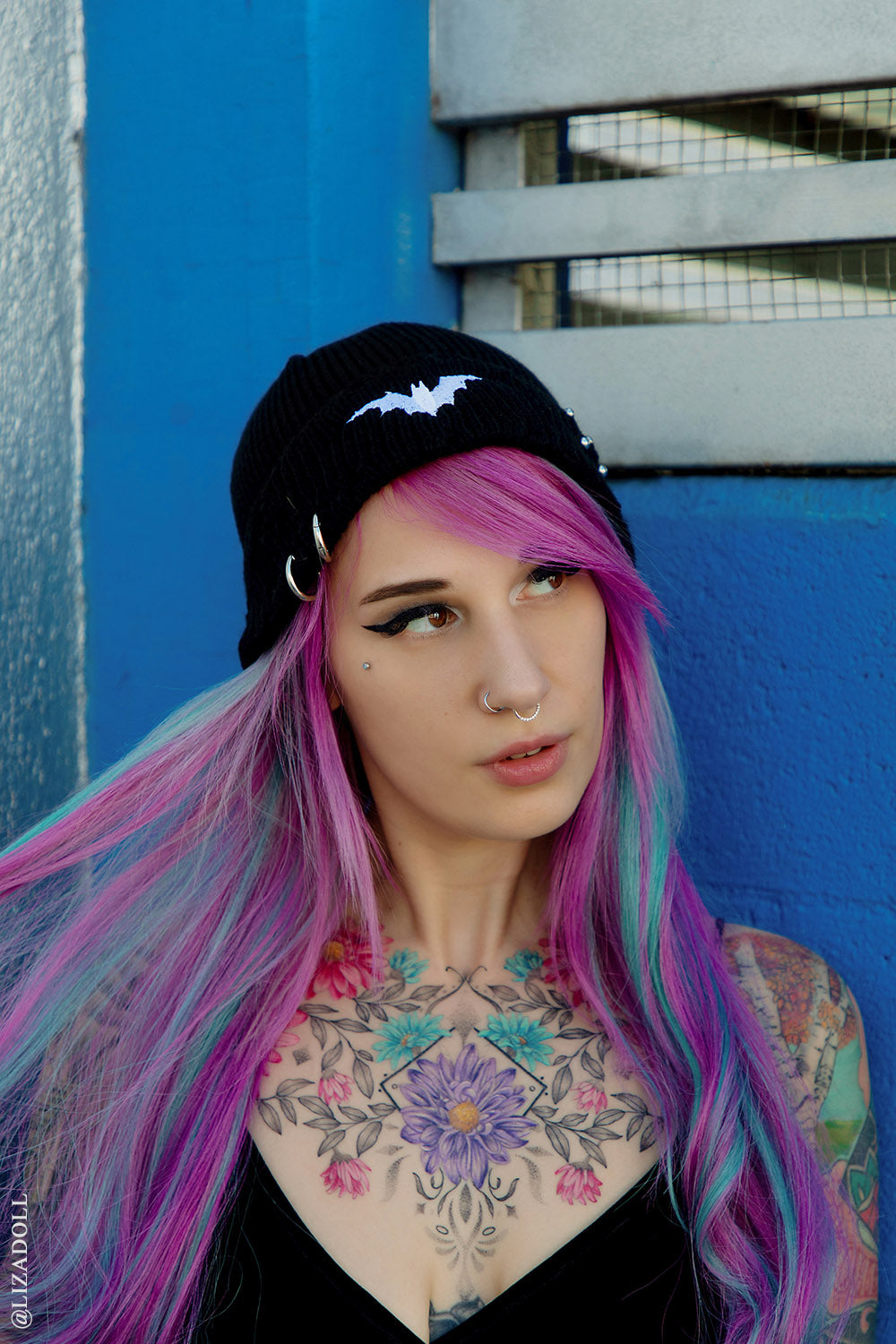 embroidered white bat distressed ribbed skull cap beanie