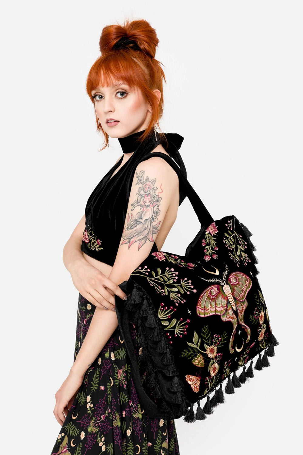embroidered moth and forest flower shoulder bag