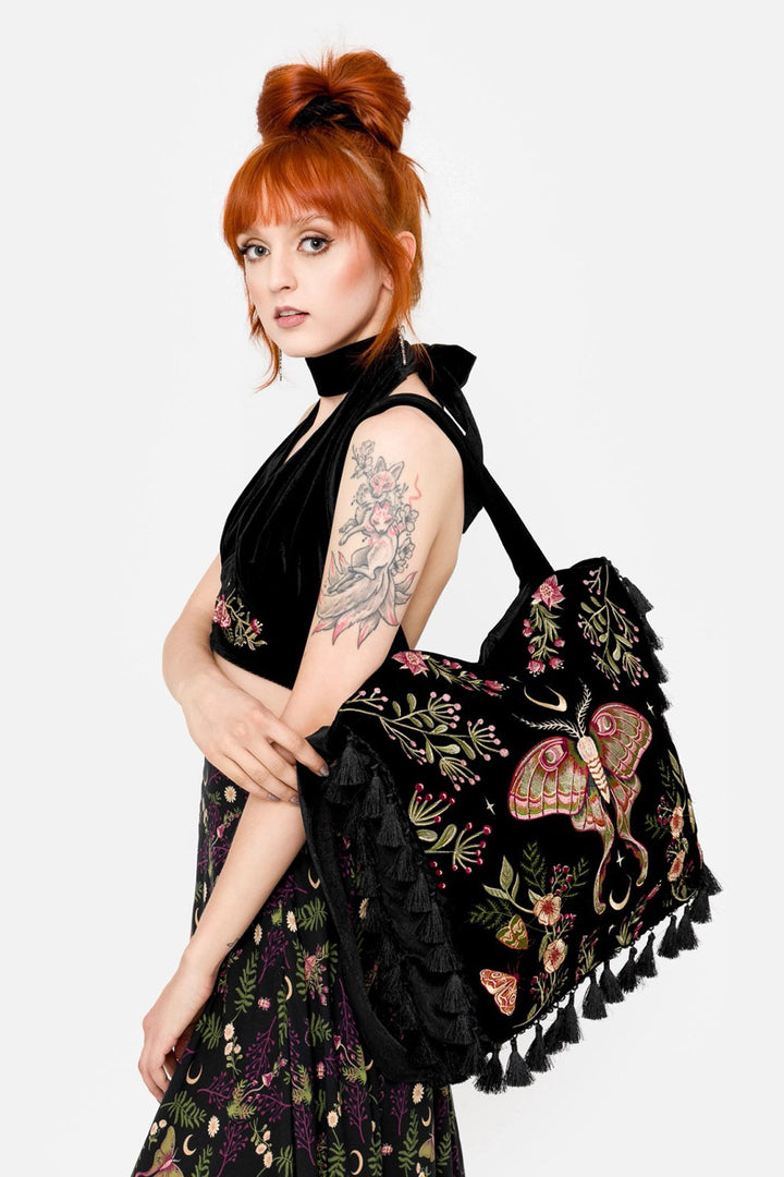 embroidered moth and forest flower shoulder bag