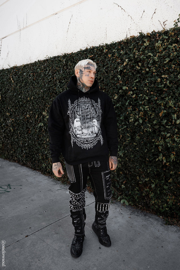 black cotton dark victorian goth cameo frame ghost reading a book graphic hoodie 