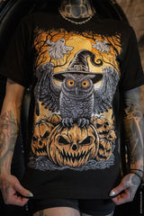 vintage halloween owl, witch hat, and jack-o-lantern tshirt