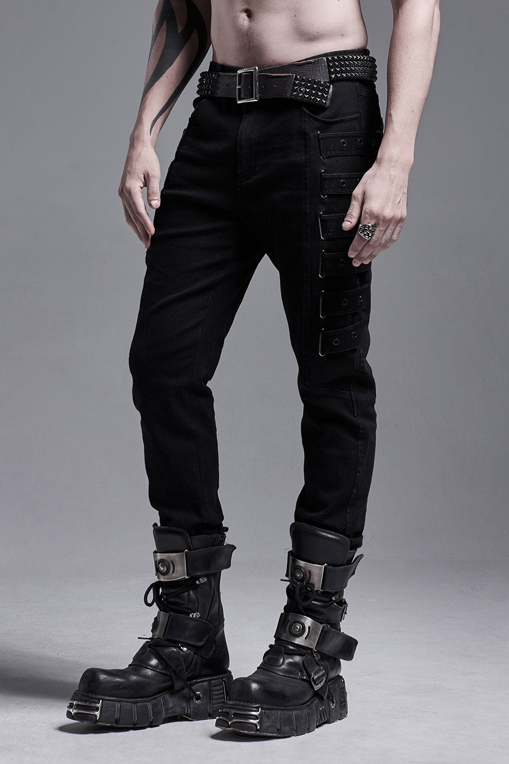 straight-leg mens gothic pants with straps down the legs