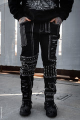 mens shredded punk studded straight-leg black cotton pants