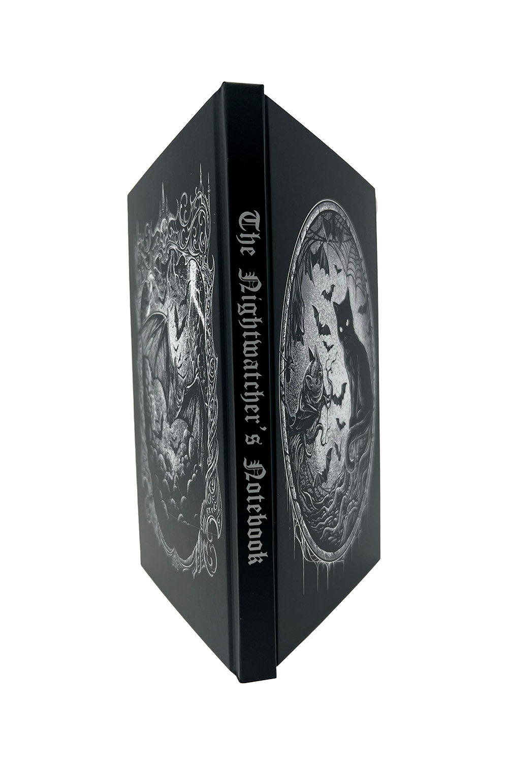 Black notebook with intricate designs and 'The Nightwatcher's Notebook' text on a white background
