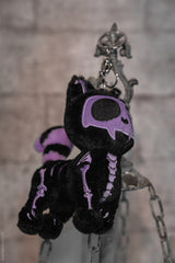 embroidered furry black and purple halloween skeleton cat kitty keychain with silver keyring 